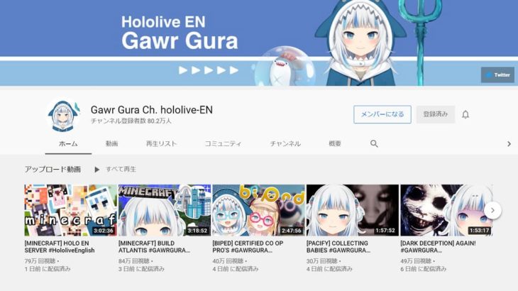 Gawr Gura YouTube公式チャンネル (2020年10月13日現在)