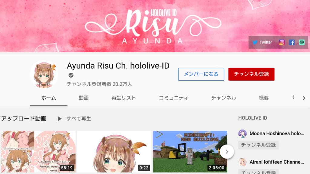 Ayunda Risu (アユンダ・リス) YouTube公式チャンネル (2020年11月7日現在)