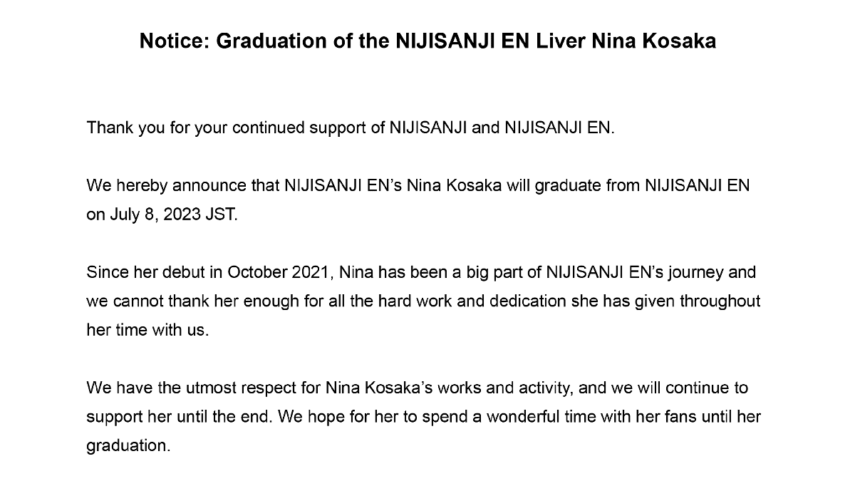 VTuber Nina Kosaka Graduates from NIJISANJI EN (New)