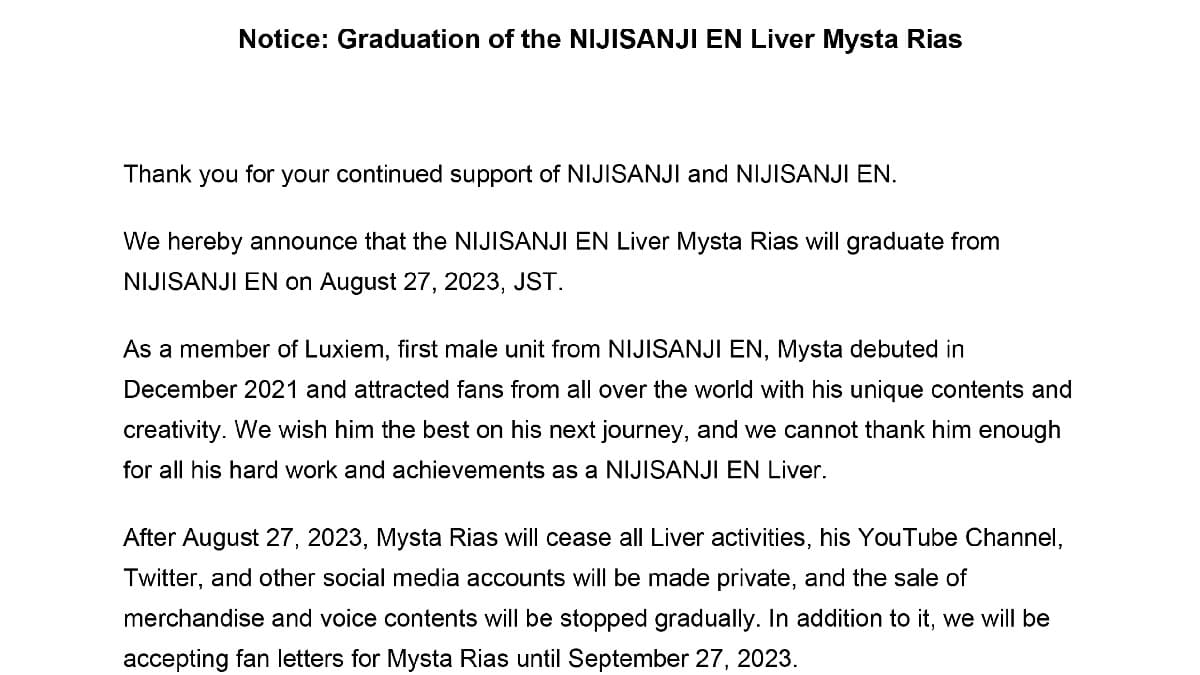 VTuber Mysta Rias Graduates from NIJISANJI EN (New)