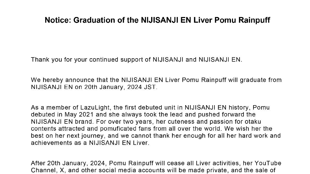 NIJISANJI EN (New) VTuber "Pomu Rainpuff" to Graduate on January 20