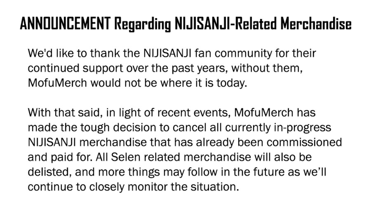 MofuMerch Ends Handling of NIJISANJI Merchs "We Want To Stand With Many Fans"